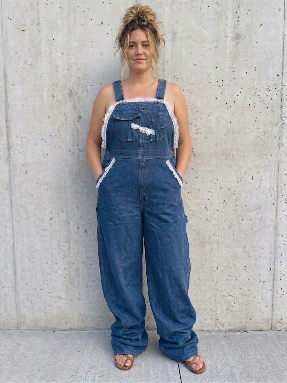 Vintage denim bib overalls w/ lace trim
